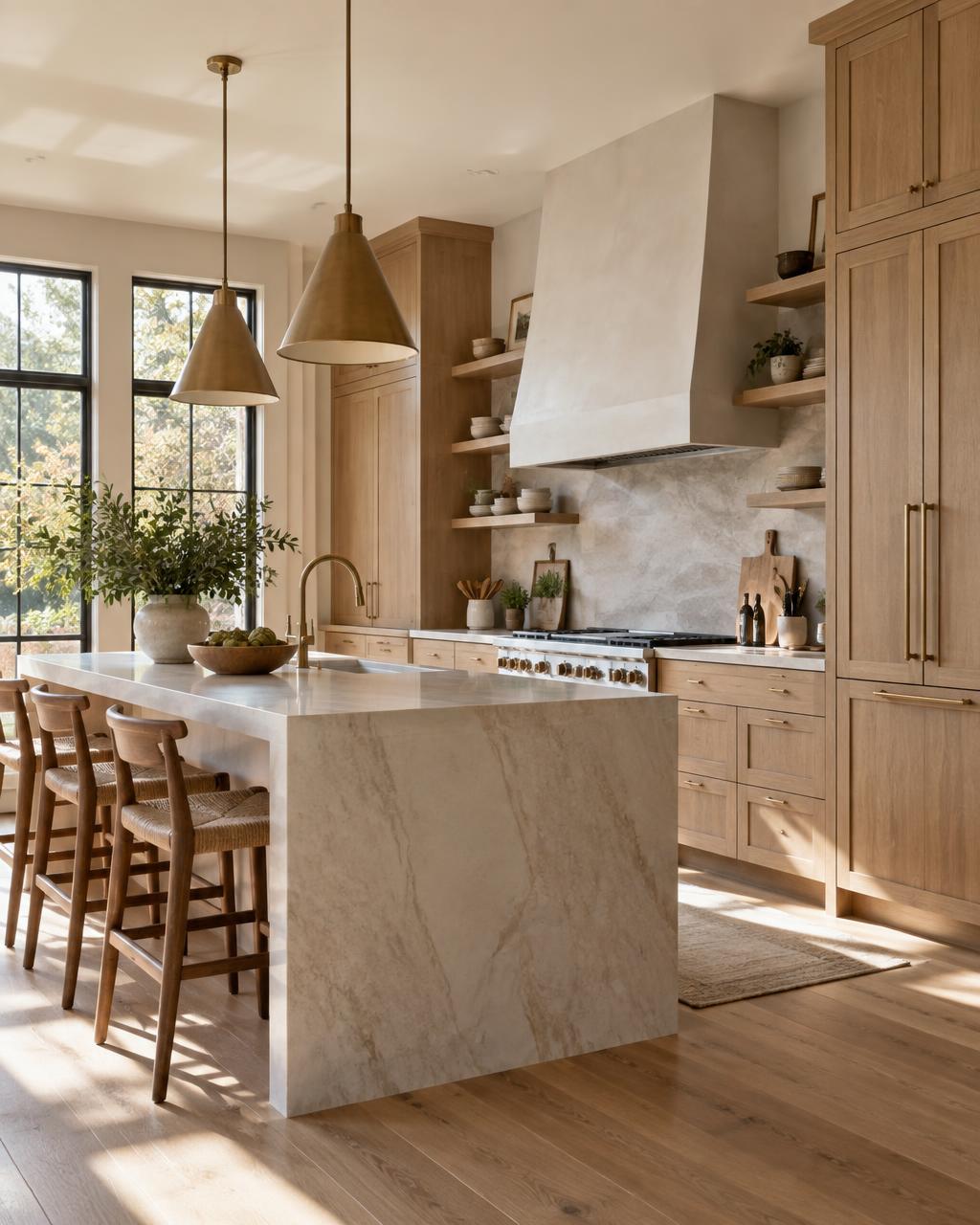 Concept image of a sunlit kitchen with oak cabinets and a stone island