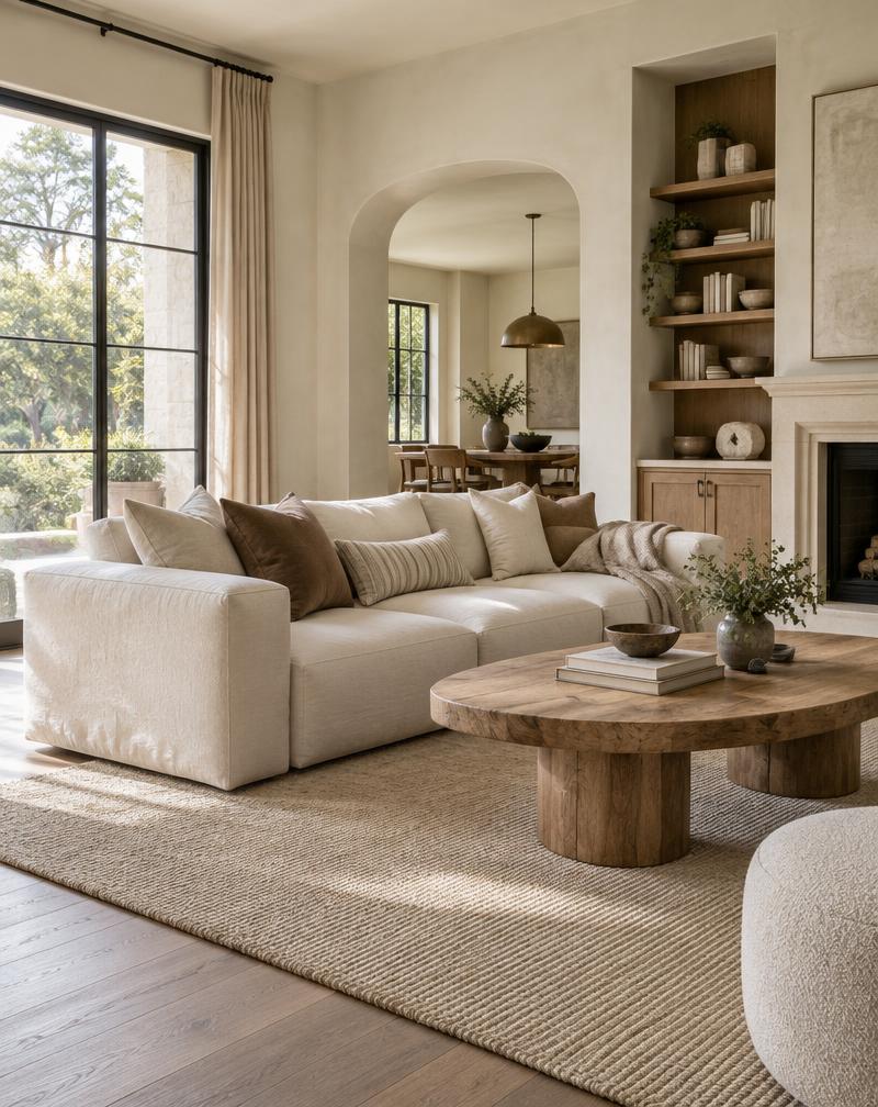 Concept image of a bright living room with built-in shelving